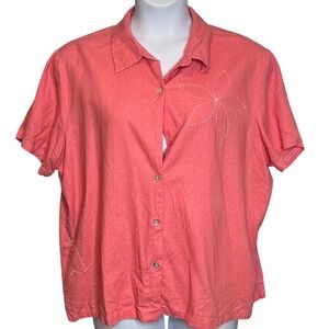 Susan Graver Womens Coral Linen Blend Embroidered Flower Button Up‎ Blouse Sz 2X